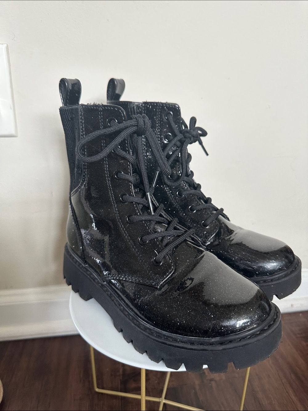 Cat & Jack Black Patent Lace-Up Kids Combat Boots